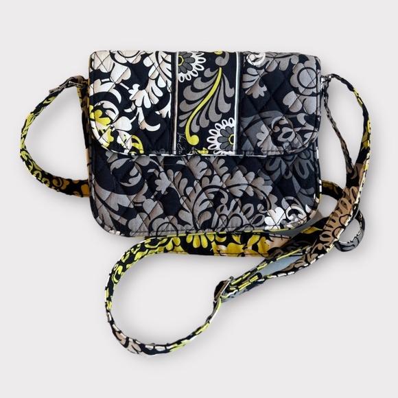 Vera Bradley Baroque Front Flap Crossbody Purse Black Gray Yellow Floral - Picture 1 of 5